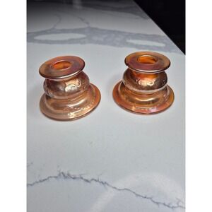 Vintage Amber Iridescent Federal Glass Candle Holders Set of 2 Embossed‎ Floral